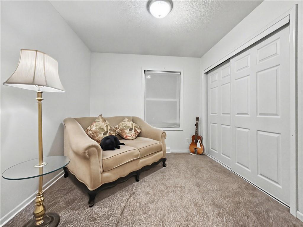 Carpeted room with a beige loveseat, black cat, floor lamp, guitar, and sliding closet doors.