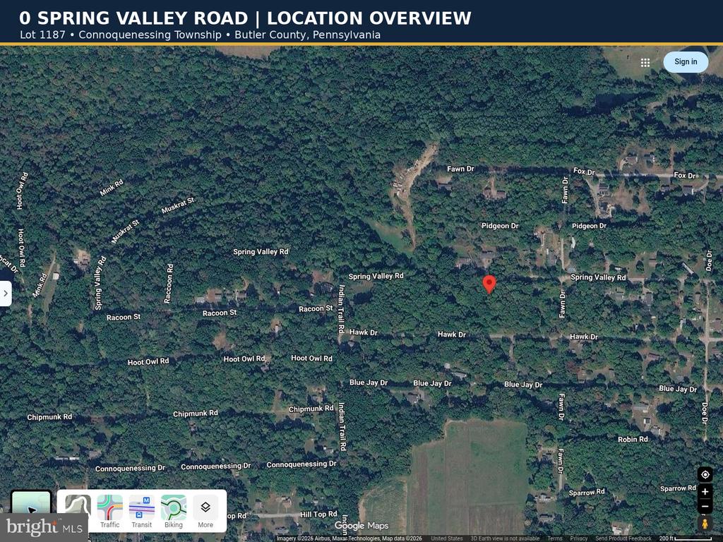 Satellite map with a red pin marking a wooded lot along Spring Valley Road.