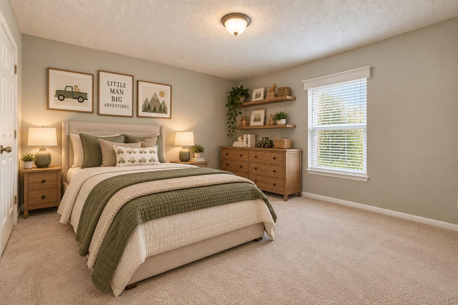 Furnished bedroom with a beige bed, olive-green bedding, wooden furniture, and adventure-themed wall art.