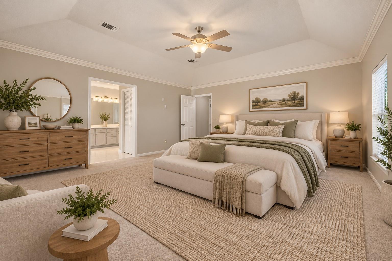 Staged primary bedroom with a king-size bed, upholstered bench, and doorway to the bathroom.
