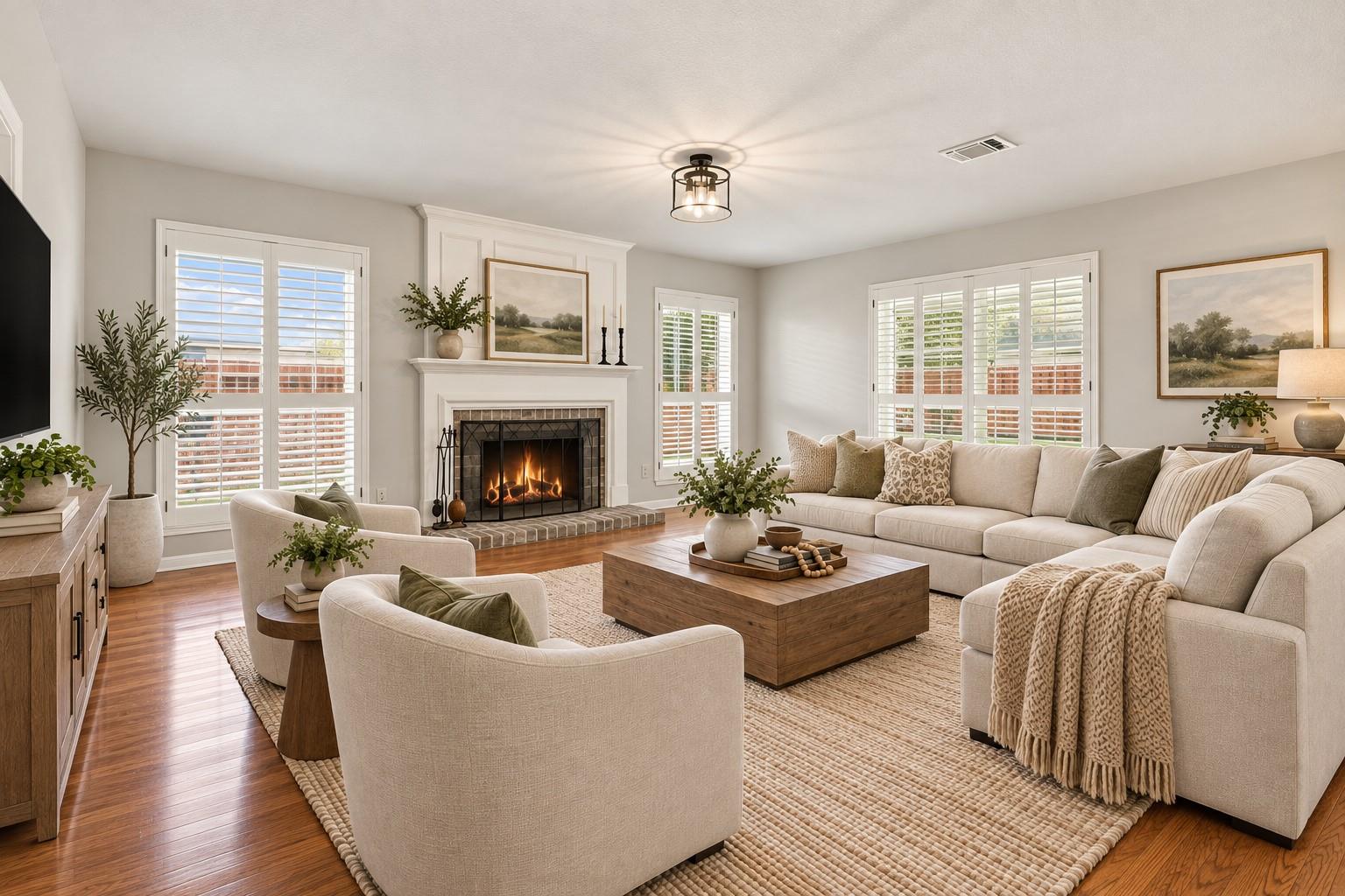 Staged living room with a lit fireplace, plantation shutters, and a large cream sectional.