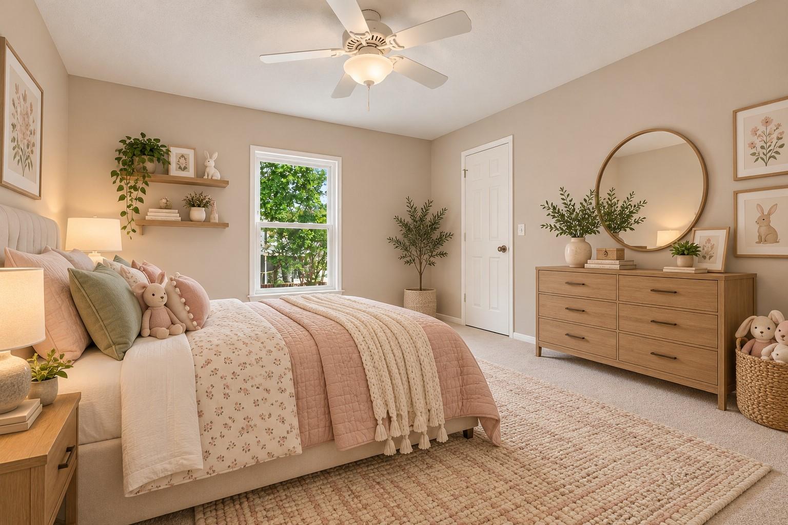 Staged bedroom with blush floral bedding, a ceiling fan, and a dresser with a round mirror.