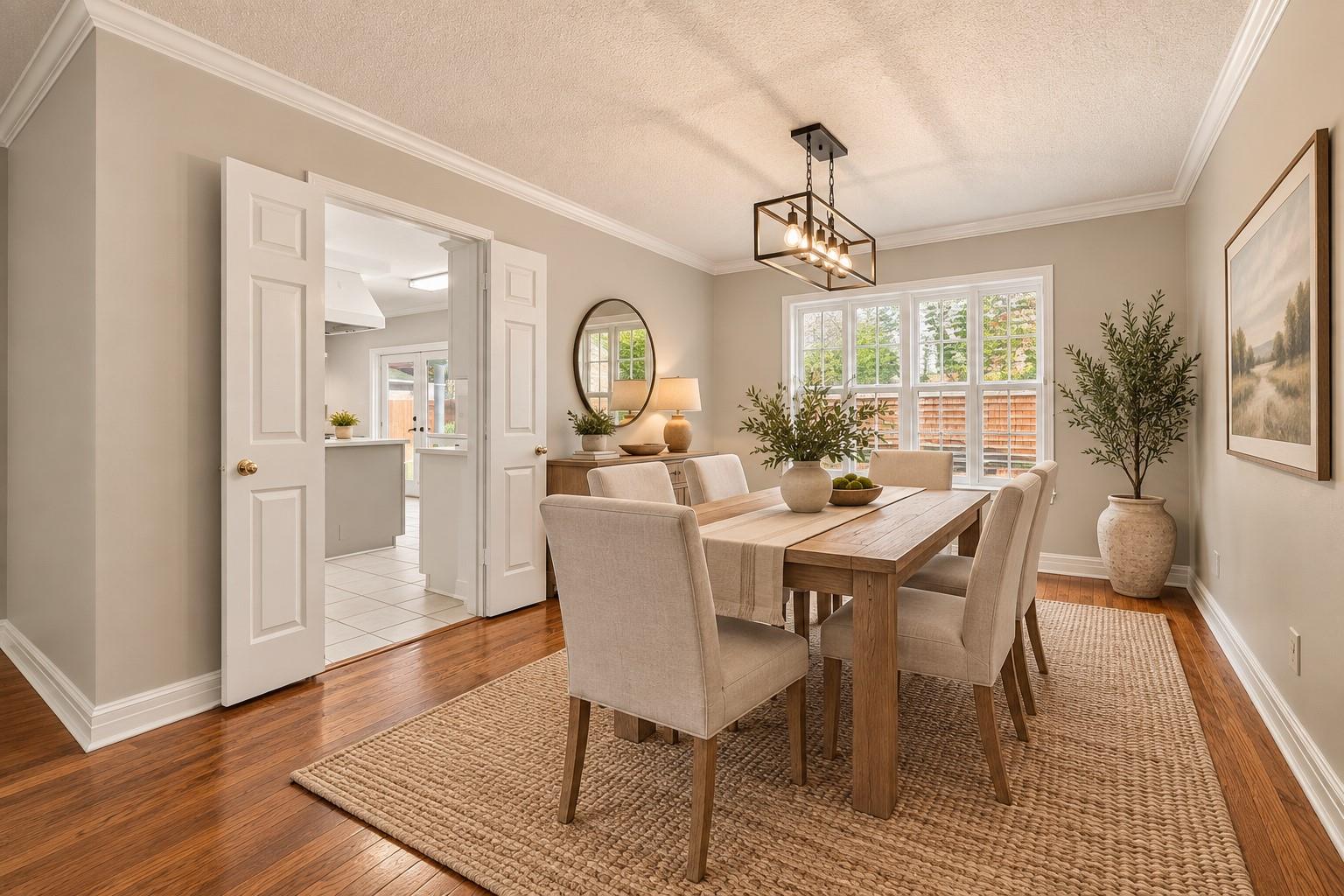 Staged dining room with a wooden table, woven rug, and French doors to the kitchen.