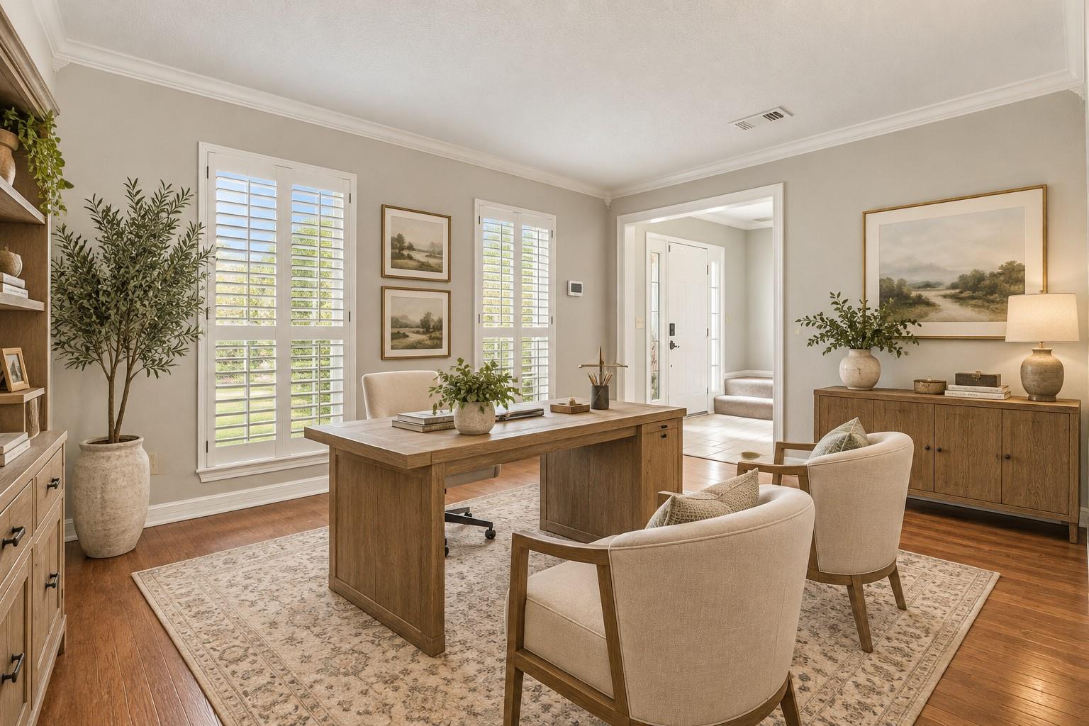 Home office with a wooden desk, upholstered chairs, and plantation-shuttered windows.
