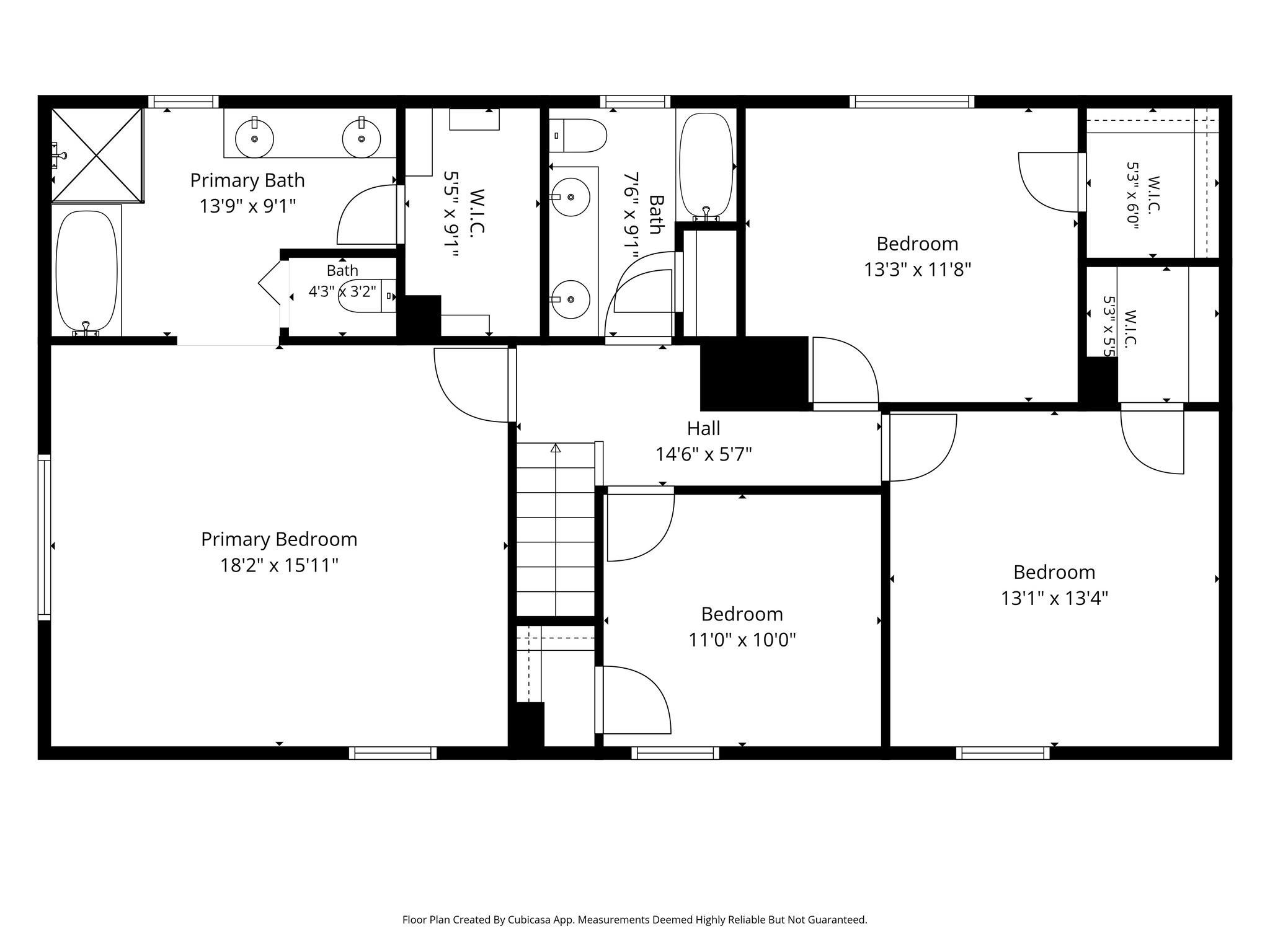 Floor plan showing a primary suite, three additional bedrooms, bathrooms, closets, hall, and stairs.