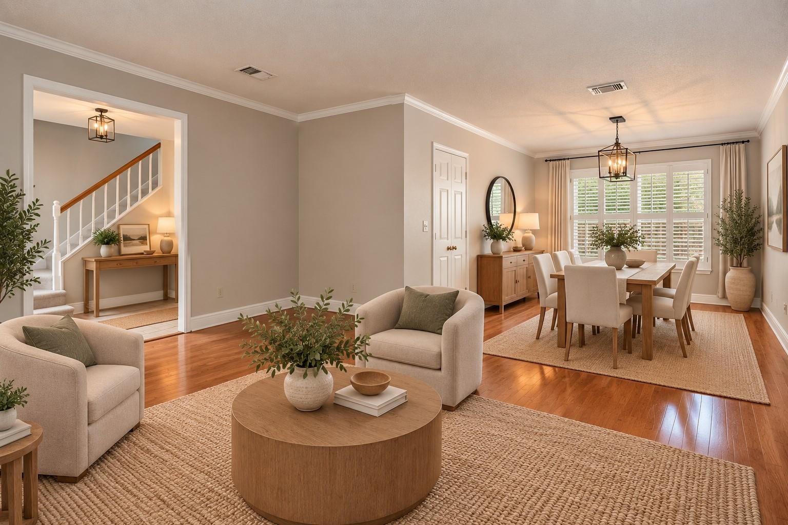 Living and dining room with a round coffee table, wood floors, and shuttered windows.