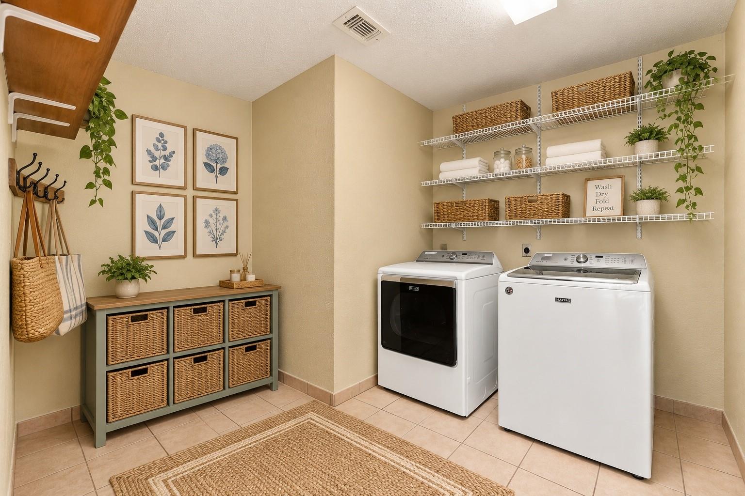 Laundry room with white washer and dryer beneath open shelves of baskets and folded towels.