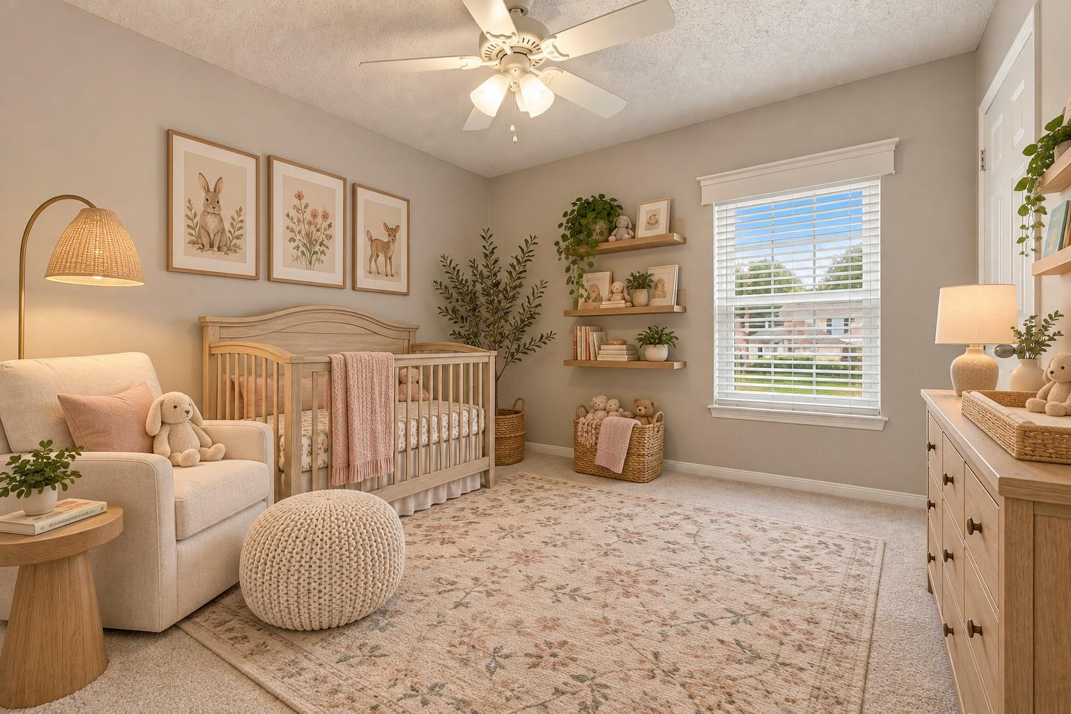 Nursery with a wooden crib, upholstered glider, and a large window with white blinds.