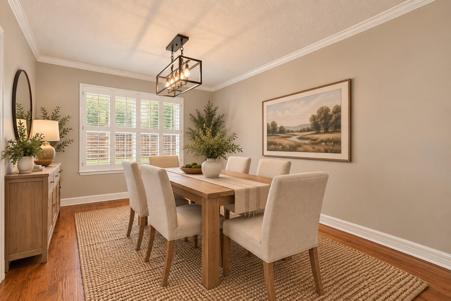 Dining room with a wood table, upholstered chairs, plantation shutters, and a geometric pendant light.