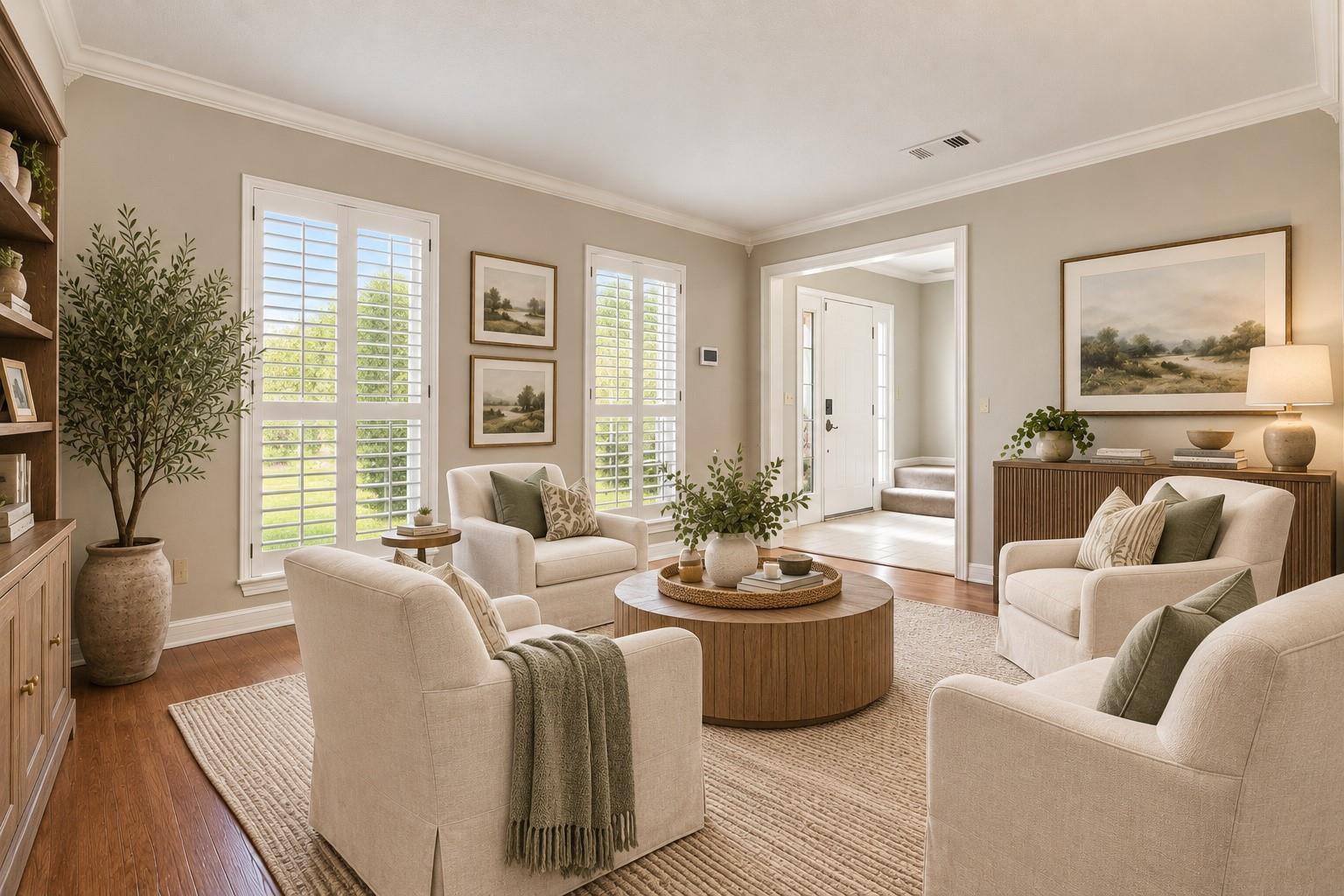 Living room with cream seating, a round wood coffee table, plantation shutters, and wood flooring.