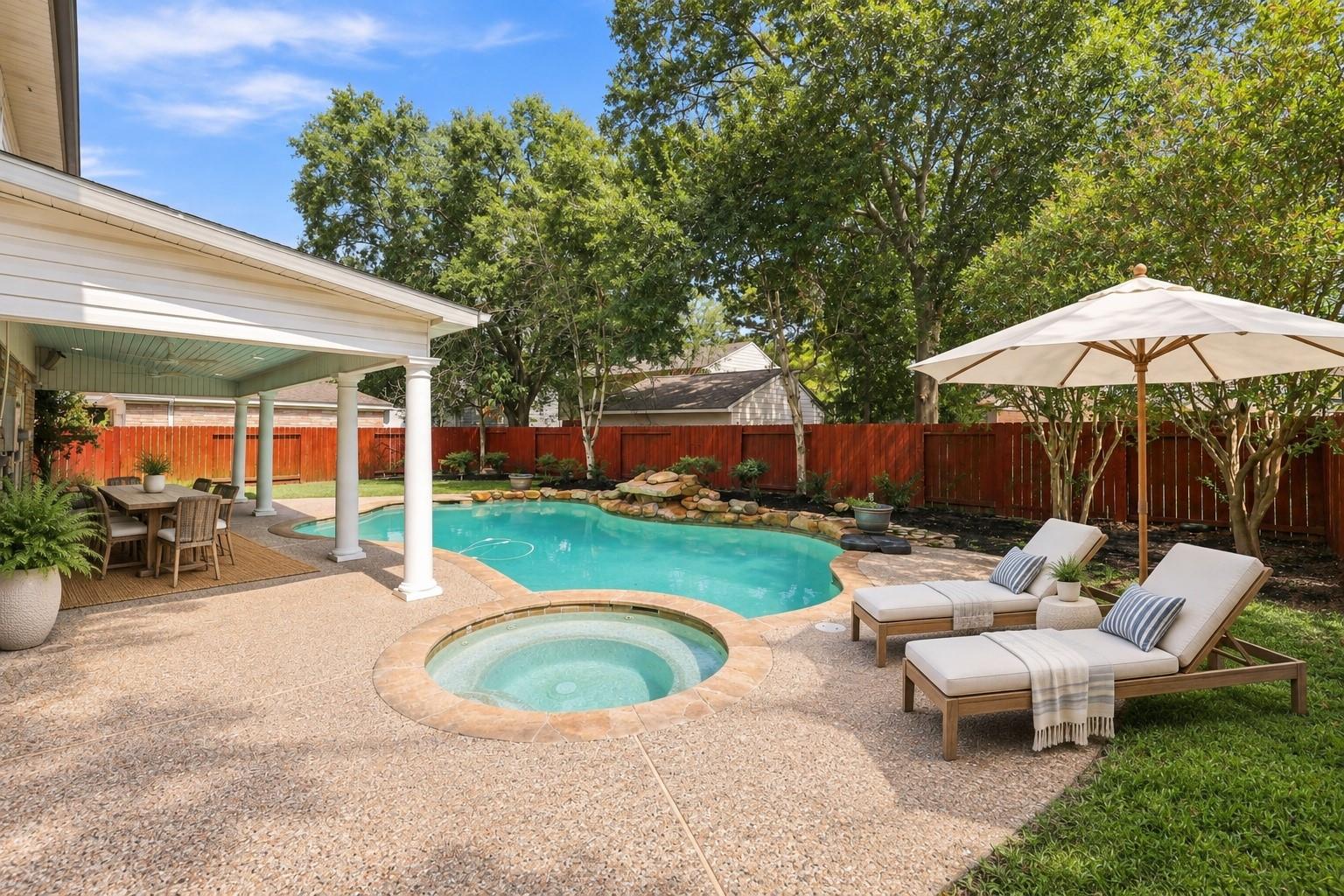 Backyard pool and circular spa beside a covered dining patio and umbrella-shaded chaise lounges.