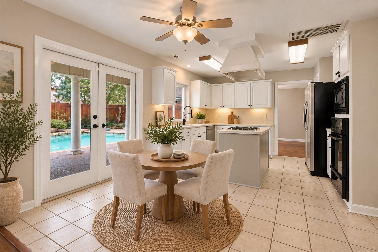 Kitchen with white cabinetry and island, dining table, and glass doors overlooking a backyard pool.