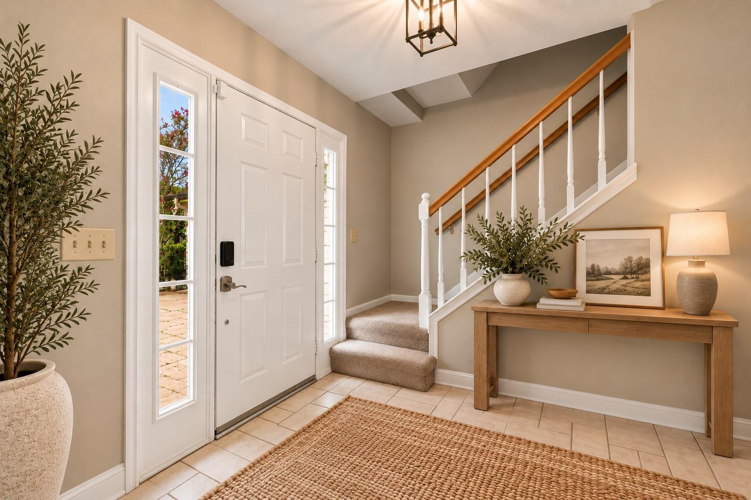 Entryway with a white front door beside a carpeted staircase and decorated console table.