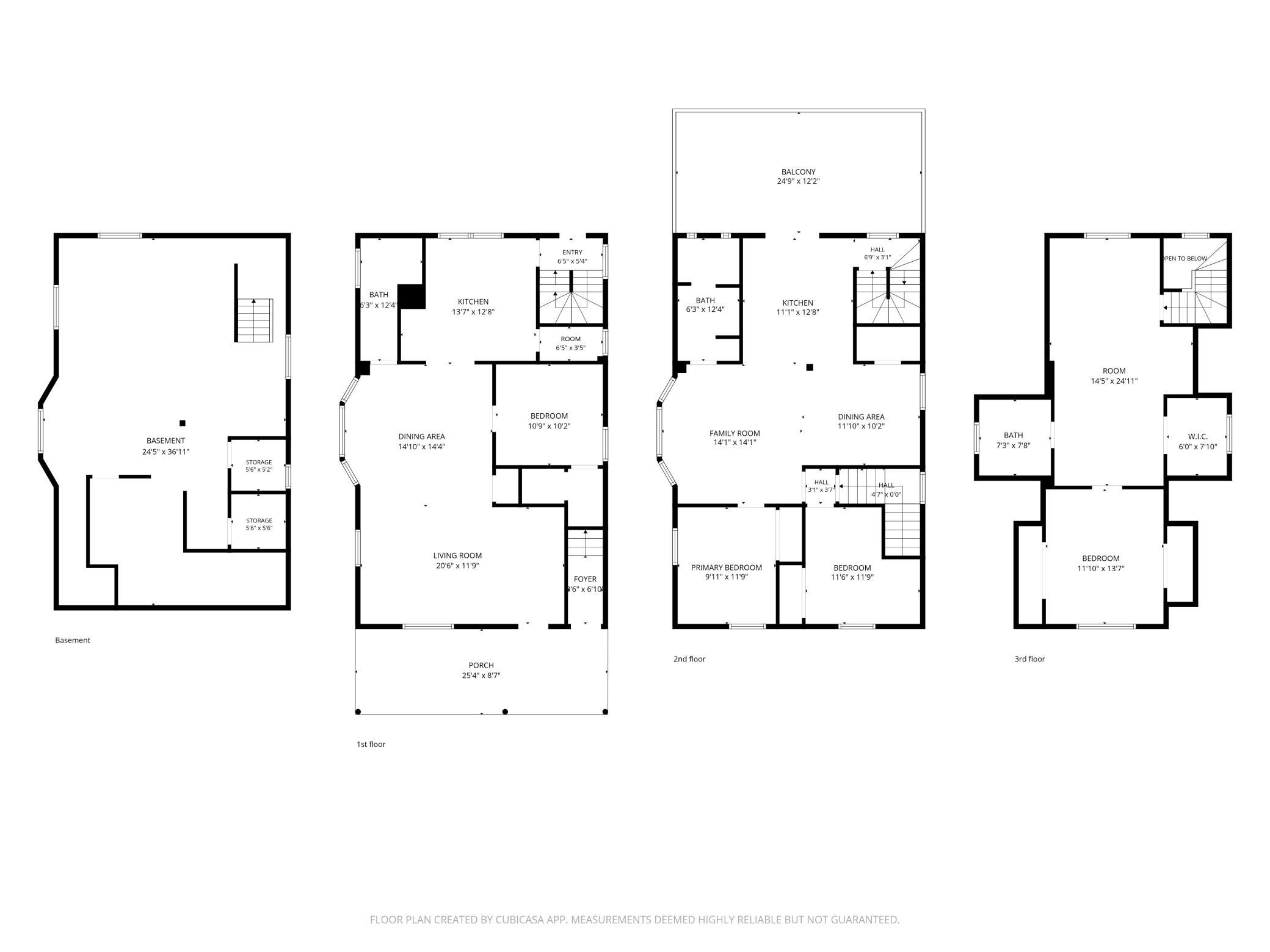 Multilevel floor plan showing the basement, three floors, labeled rooms, porch, and balcony.