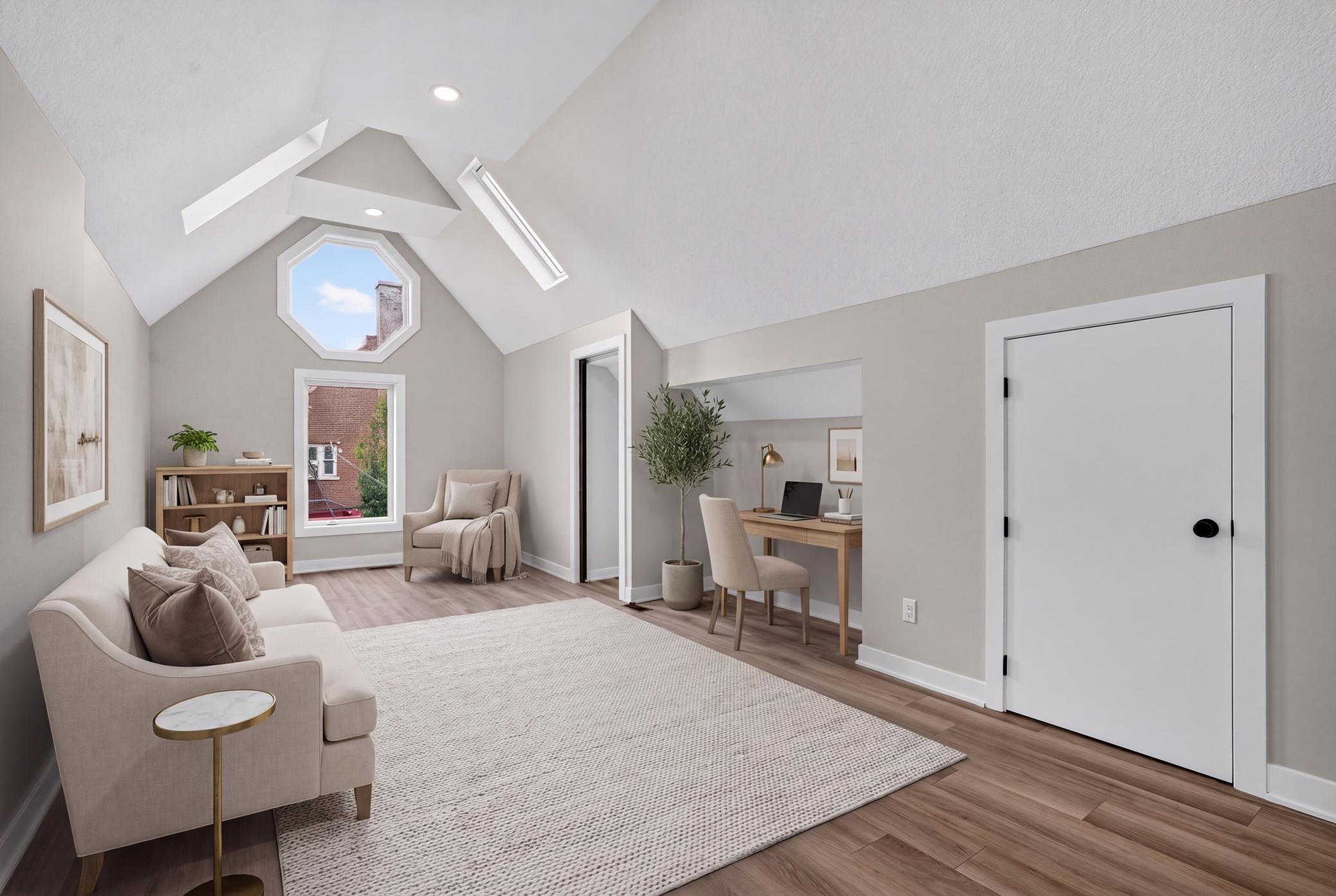 Attic living room with vaulted ceiling, octagonal window, skylights, and a desk nook.