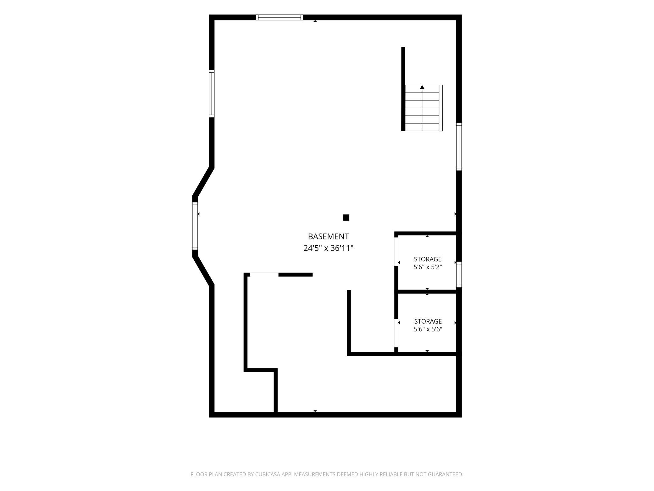 Basement floor plan with stairs and two labeled storage rooms.