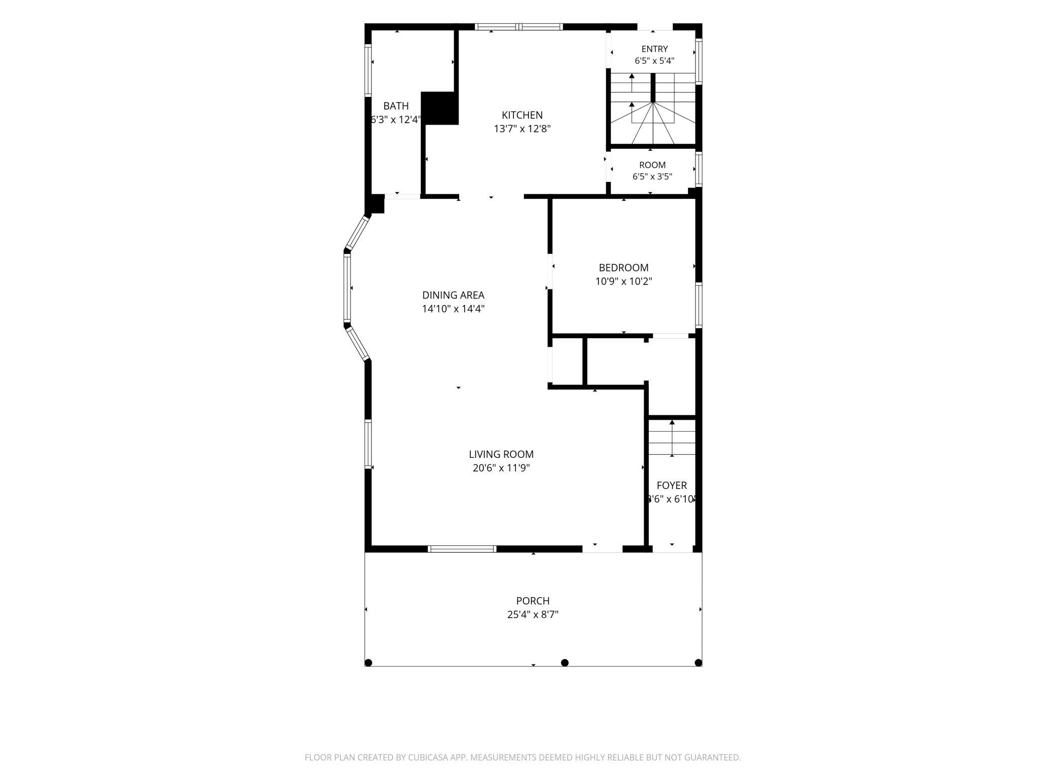 Floor plan showing the living room, dining area, kitchen, bedroom, bath, foyer, entry, and porch.