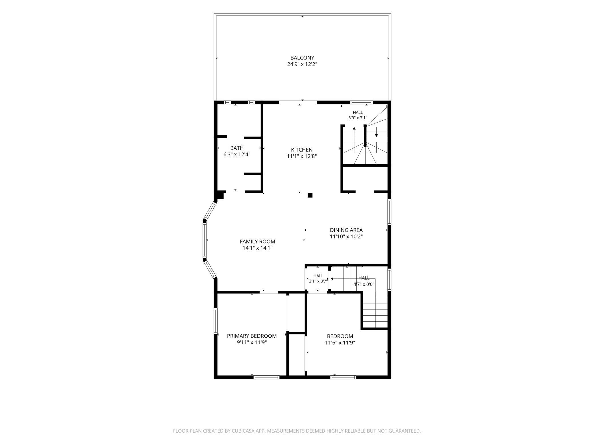 Floor plan showing a balcony, kitchen, bath, living areas, two bedrooms, stairs, and room dimensions.