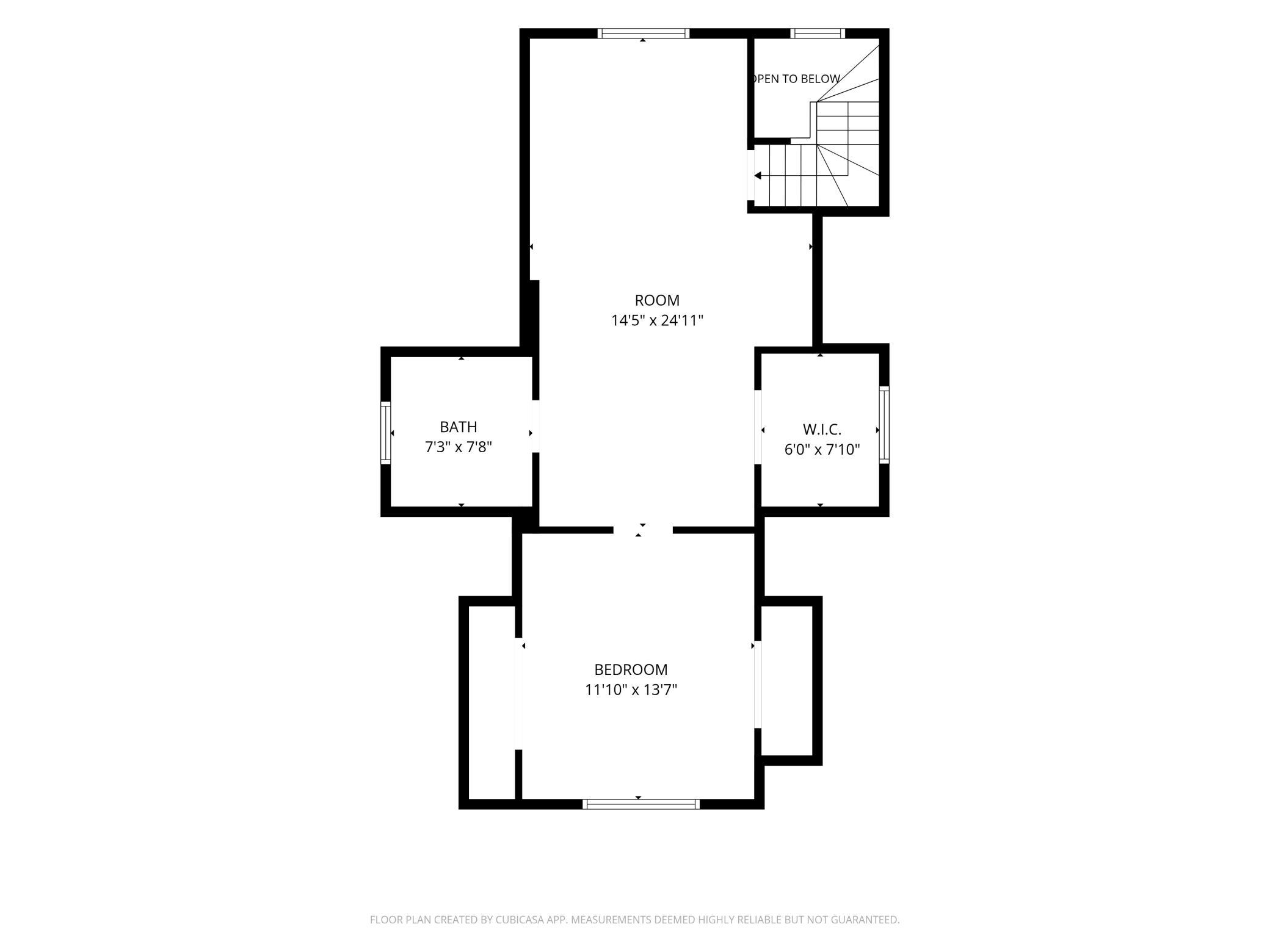 Second-floor plan with a bedroom, bathroom, walk-in closet, large room, and open-to-below stair area.