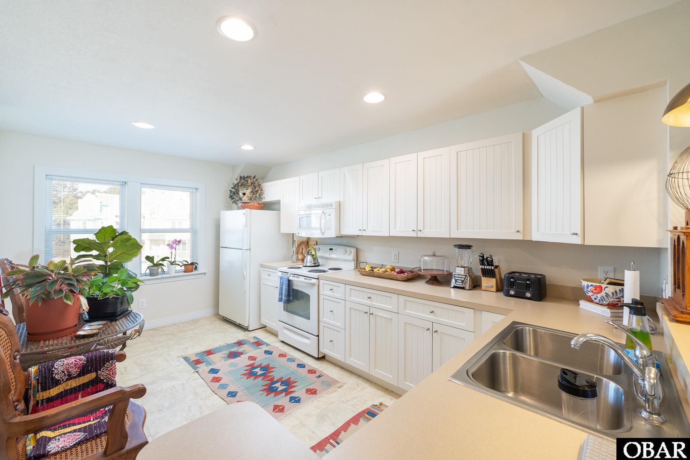 Bright kitchen with white cabinets, a window-side plant nook, and a double-basin sink.