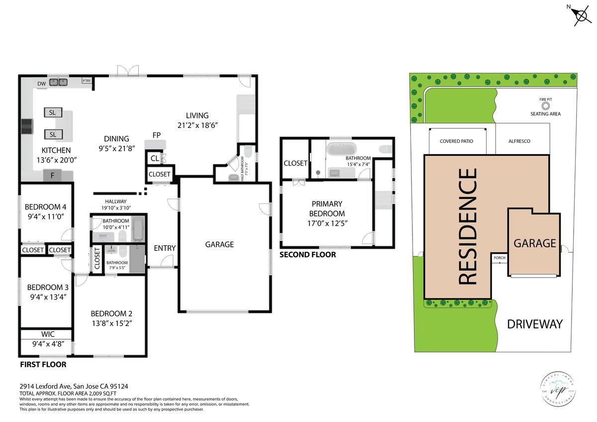 Floor plan showing the home's first and second floors, room dimensions, garage, driveway, and backyard patio.