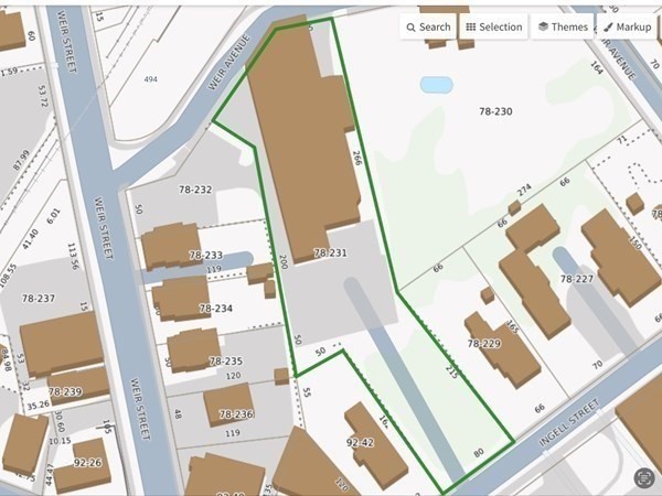 Map of the outlined Weir Avenue parcel, showing its building footprint and neighboring lots.