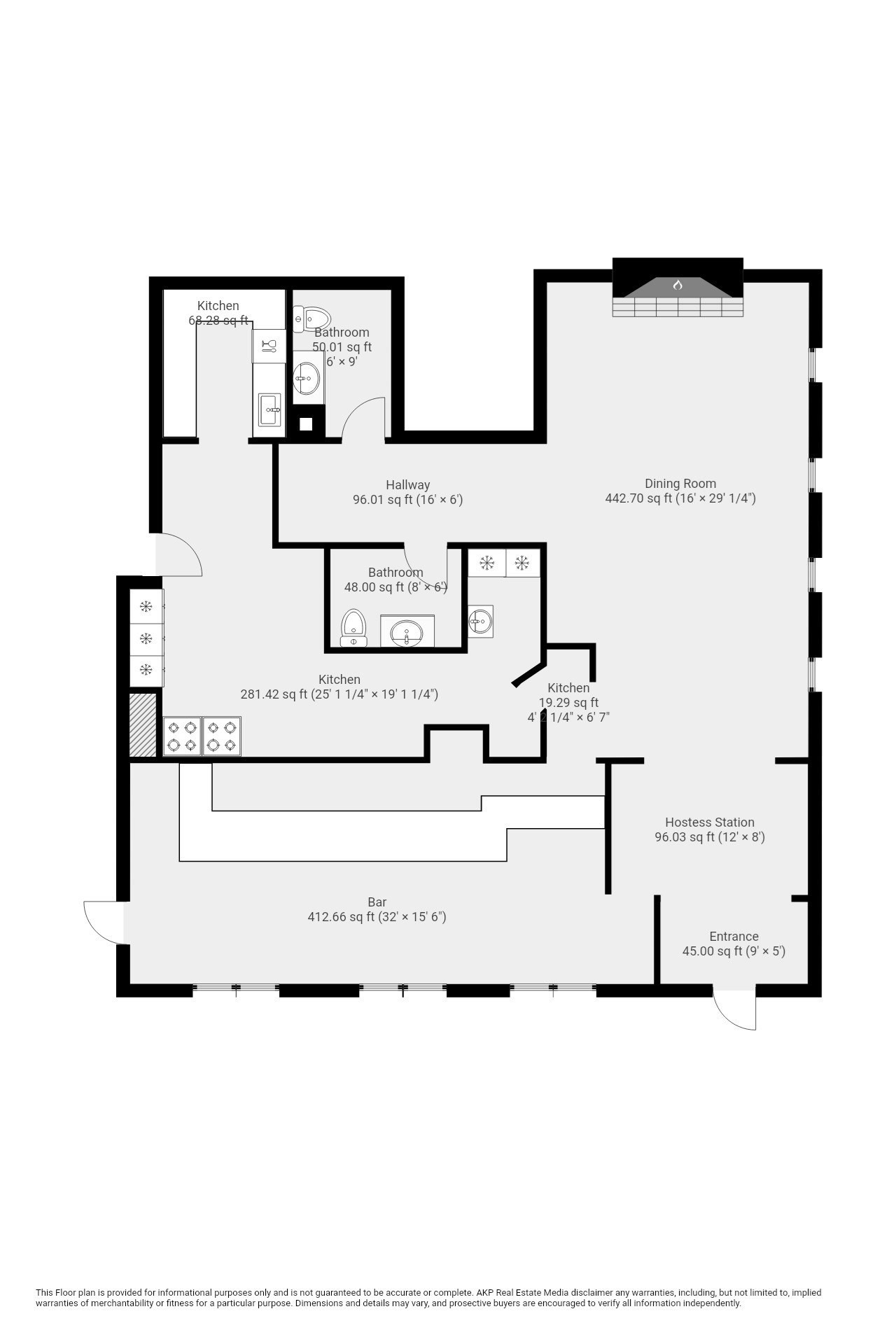 Floor plan showing a large dining room, bar, hostess station, kitchens, bathrooms, hallway, and entrance.