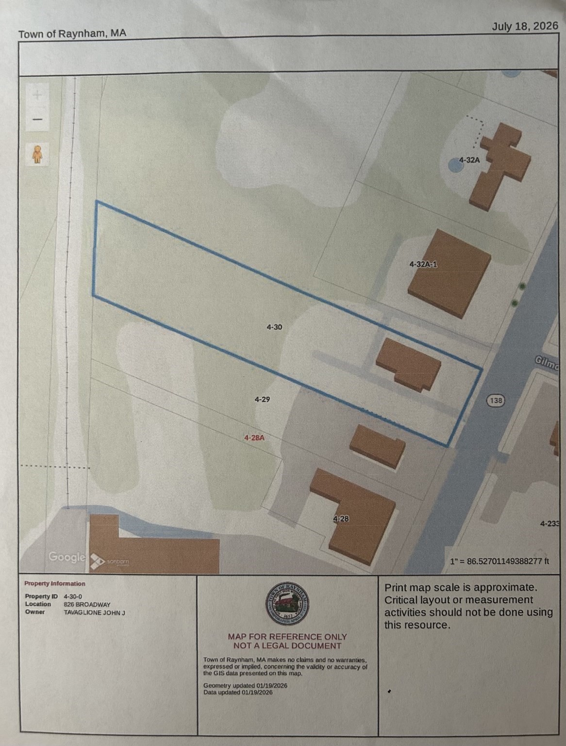 Raynham parcel map with 826 Broadway outlined in blue along Route 138.