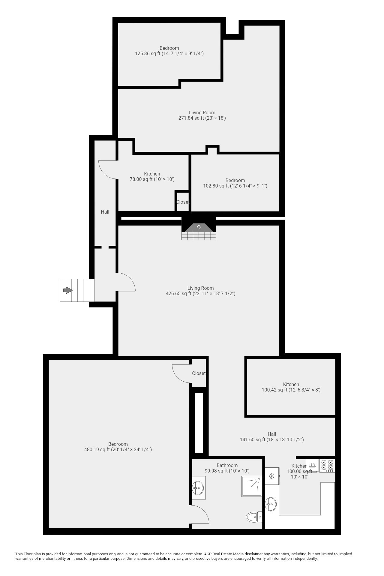 Floor plan of 826 Broadway with labeled rooms, dimensions, and stairs.
