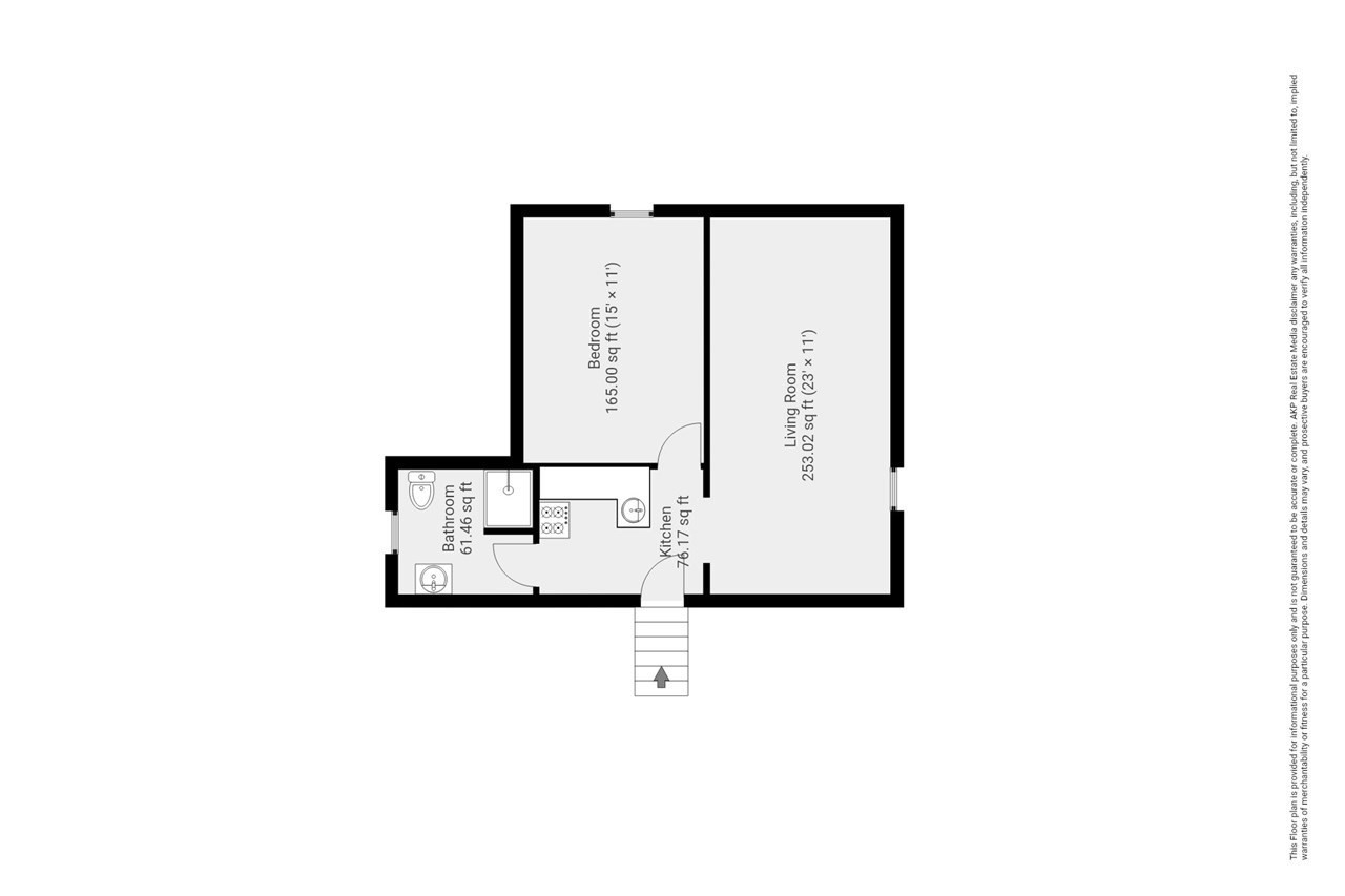 Floor plan showing a bedroom, living room, bathroom, kitchen, and entry stairs.