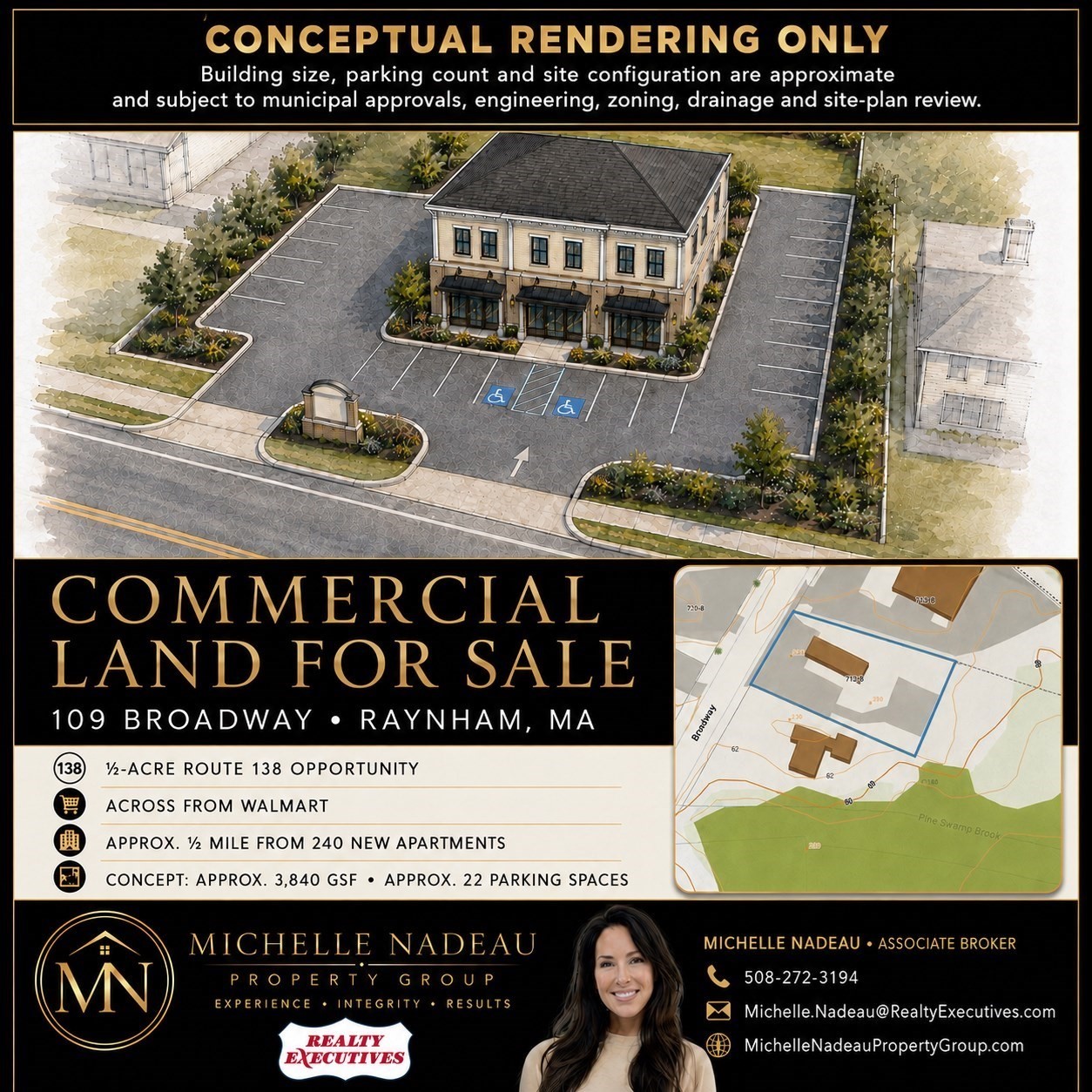 Commercial land for sale at 109 Broadway in Raynham, with a conceptual building rendering and parcel map.