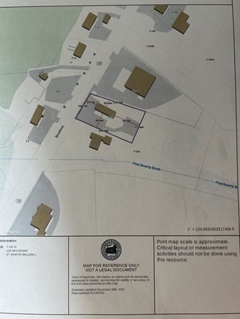 Parcel map showing property boundaries, nearby buildings, and Pine Swamp Brook.