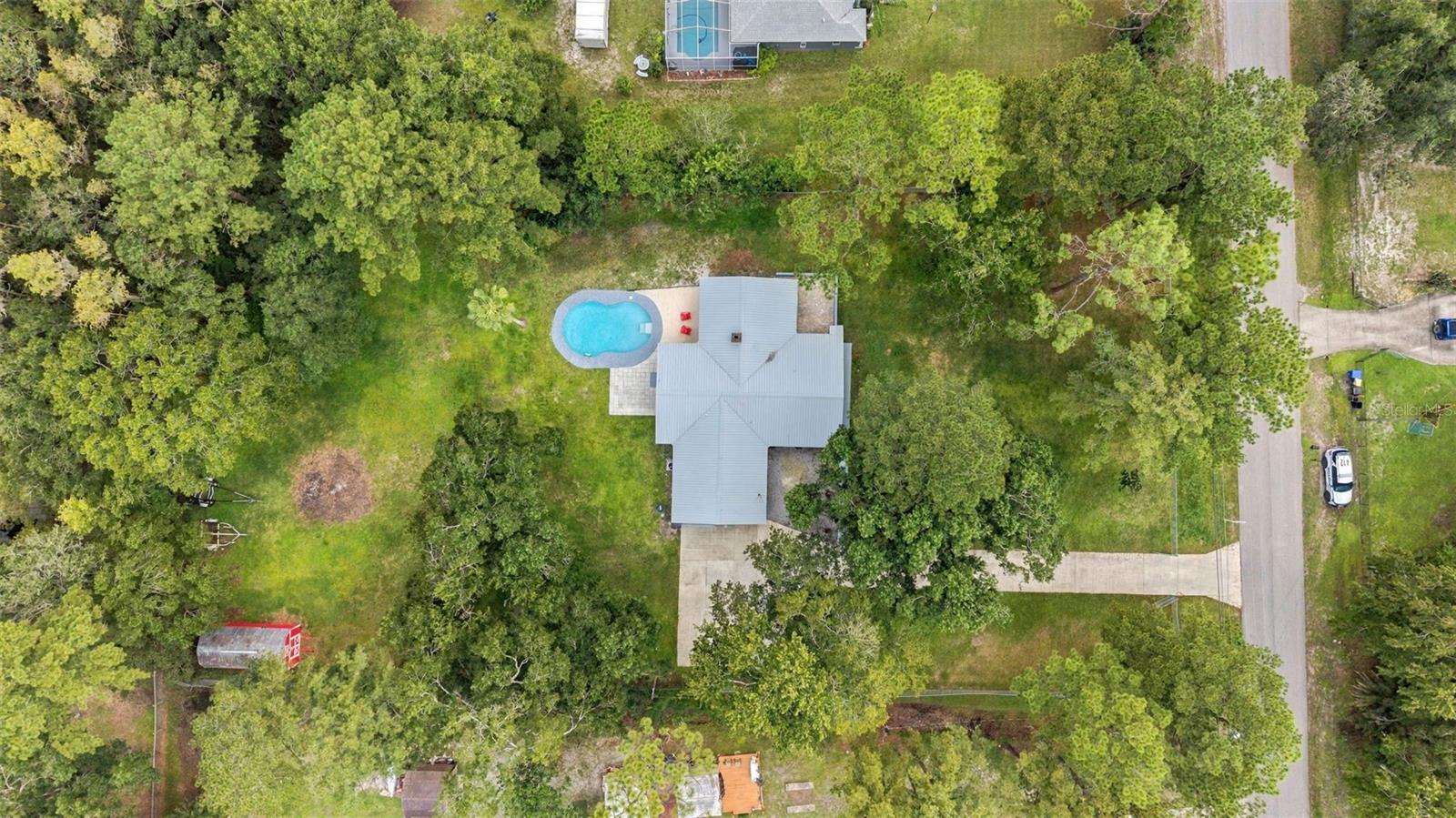 Aerial view of a tree-lined home and swimming pool on a spacious lot.