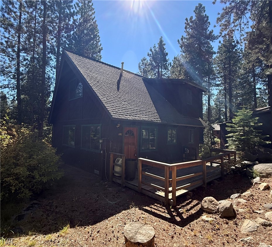 Dark cabin with a steep A-frame roof and raised deck among pine trees.