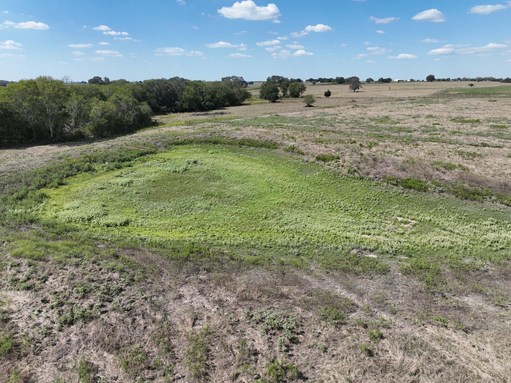 Aerial view of rural acreage with a green pond-like low area and scattered trees.