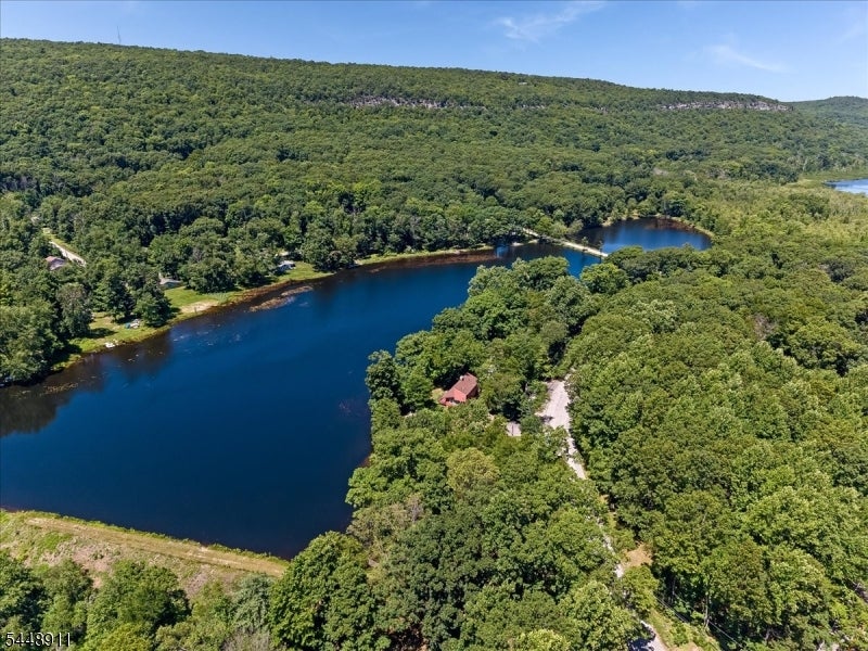 Wooded lake property with a red-roofed home and a narrow bridge across the water.