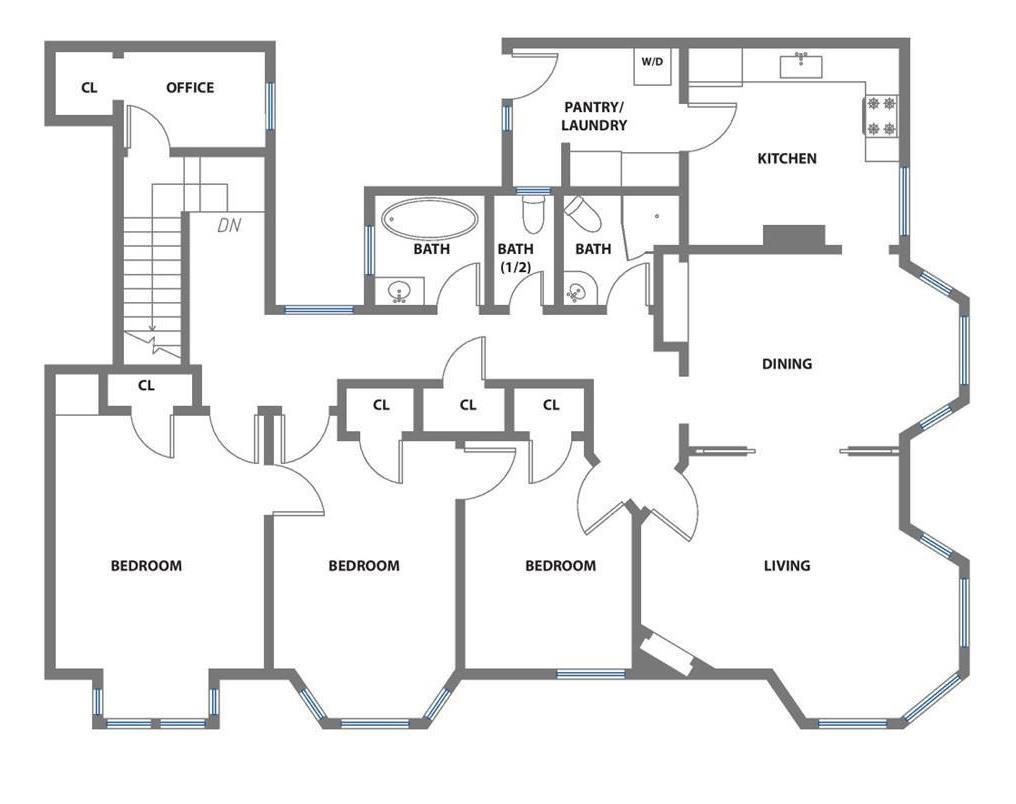 Floor plan with three bedrooms, an office, three baths, and separate living and dining areas.