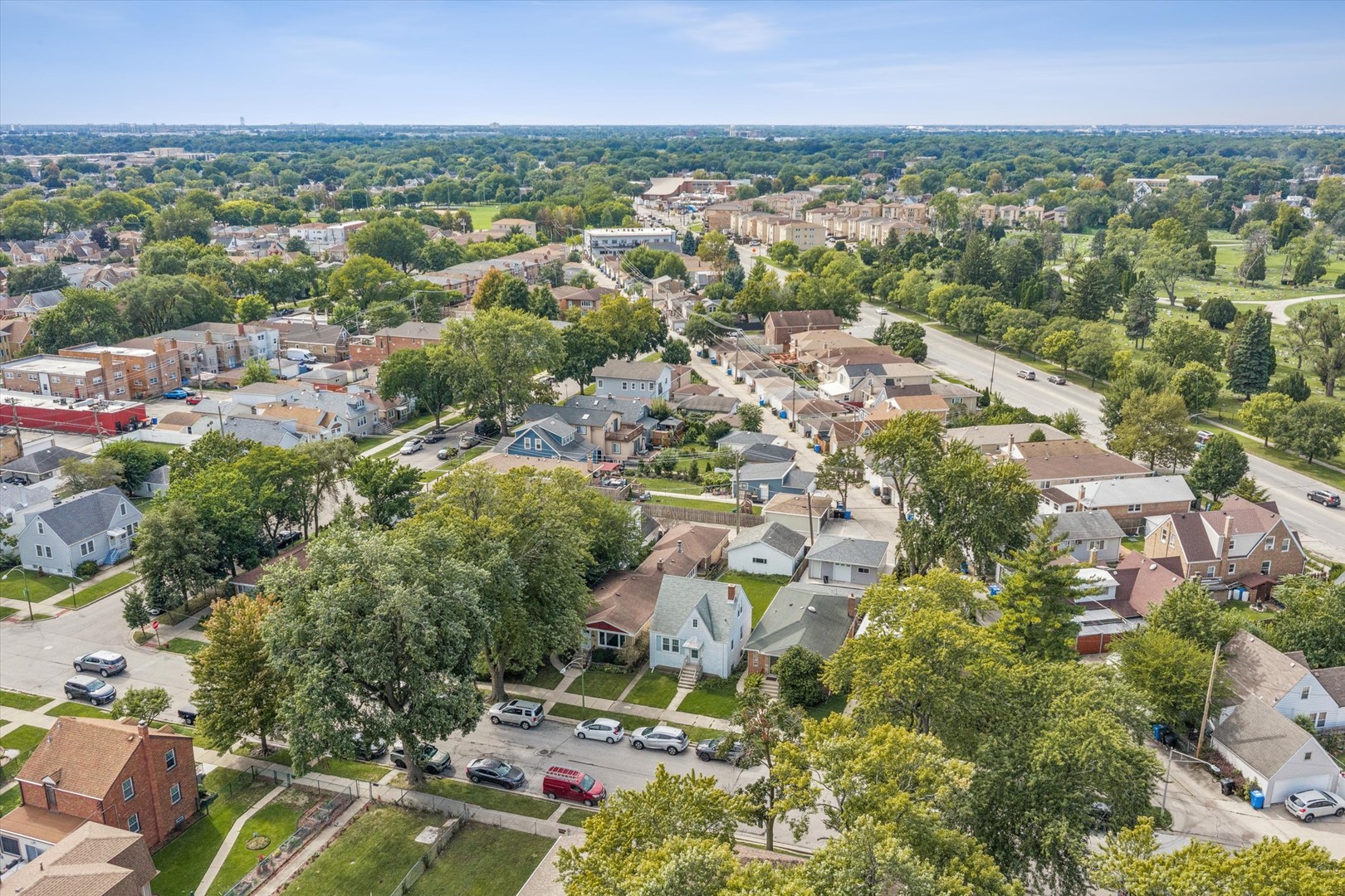Aerial view of a tree-lined neighborhood with homes, streets, and parkland.