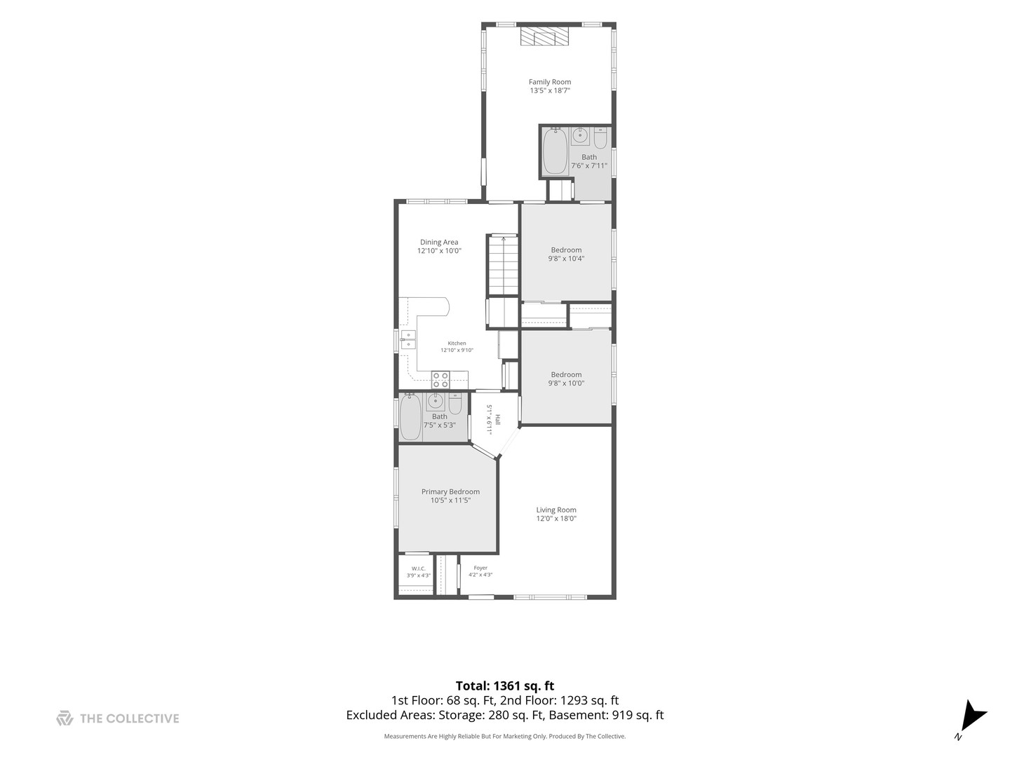 Floor plan showing three bedrooms, two baths, living and family rooms, kitchen, and dining area.