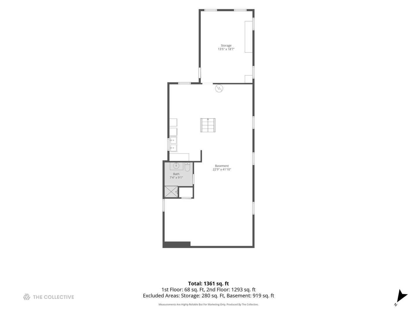 Floor plan showing basement, bath, and storage, with room dimensions and square footage totals.