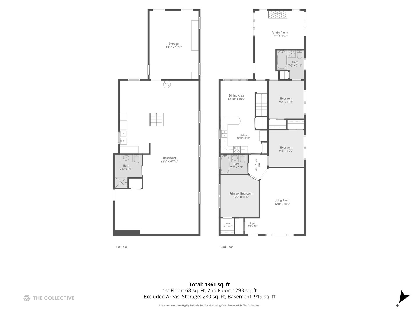 Two-level floor plan showing the basement, storage, living areas, kitchen, three bedrooms, and bathrooms.