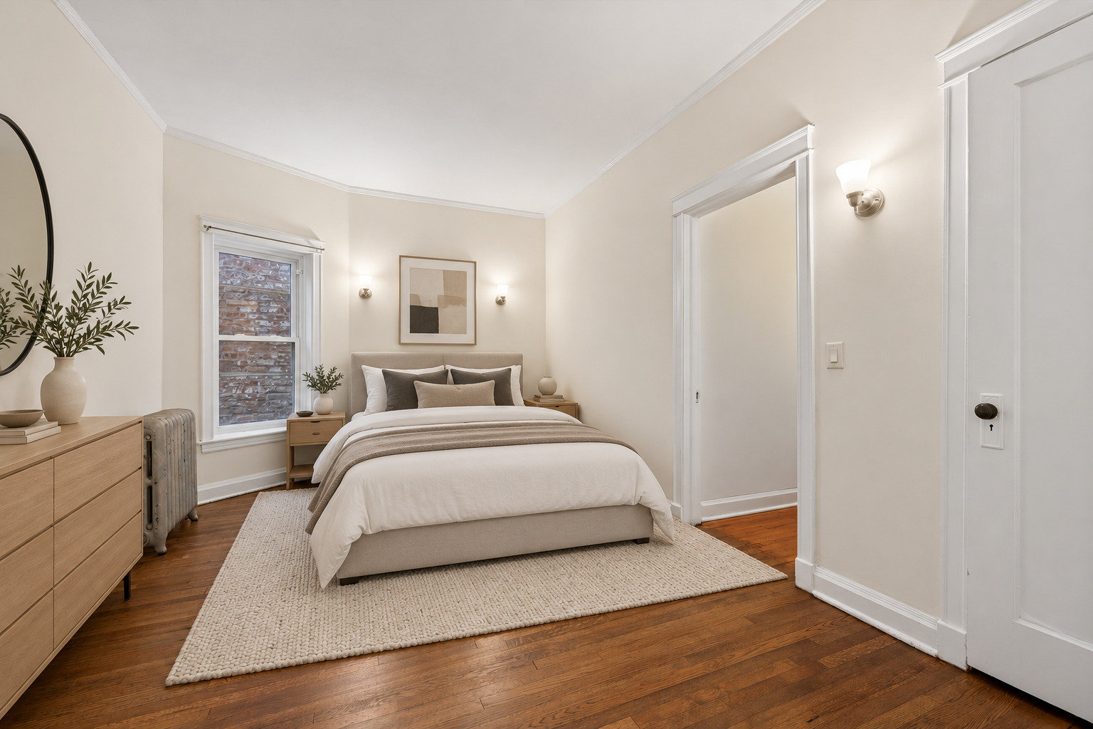 Staged bedroom with a centered bed, hardwood floors, and a window overlooking a brick wall.