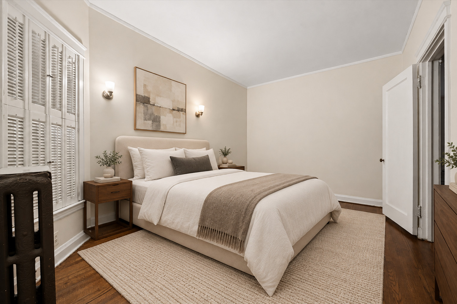 Staged bedroom with a neutral upholstered bed, textured rug, and tall white plantation shutters.