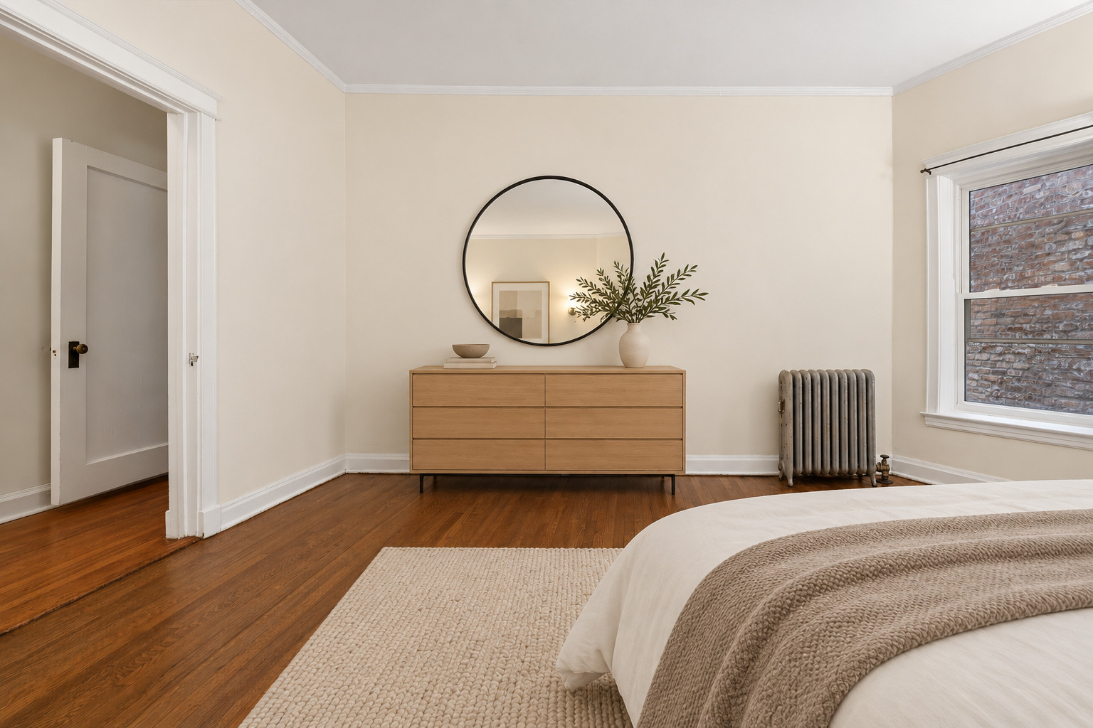 Staged bedroom with hardwood floors, a wooden dresser, round mirror, and large window.