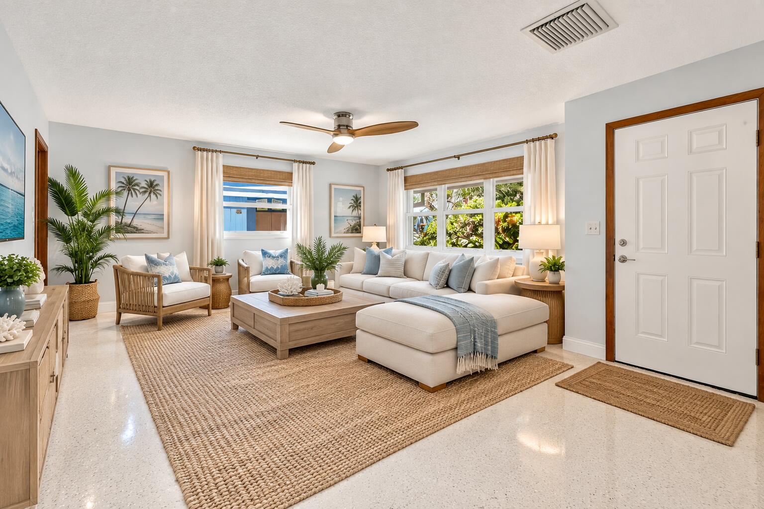 Bright living room with white sofas, a woven rug, and tropical plants beside large windows.