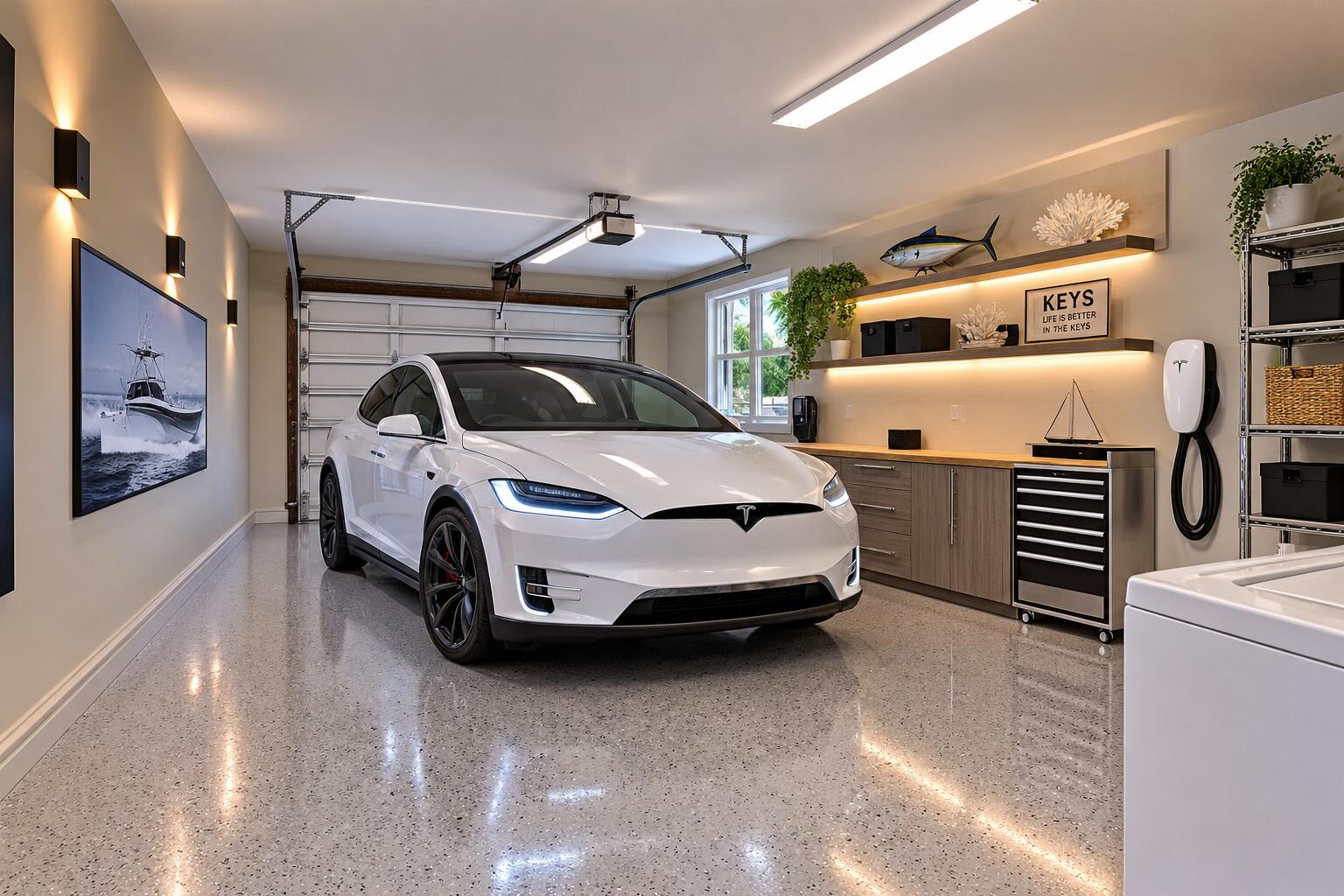 Garage with a white Tesla, terrazzo floor, built-in cabinets, and a wall-mounted electric vehicle charger.