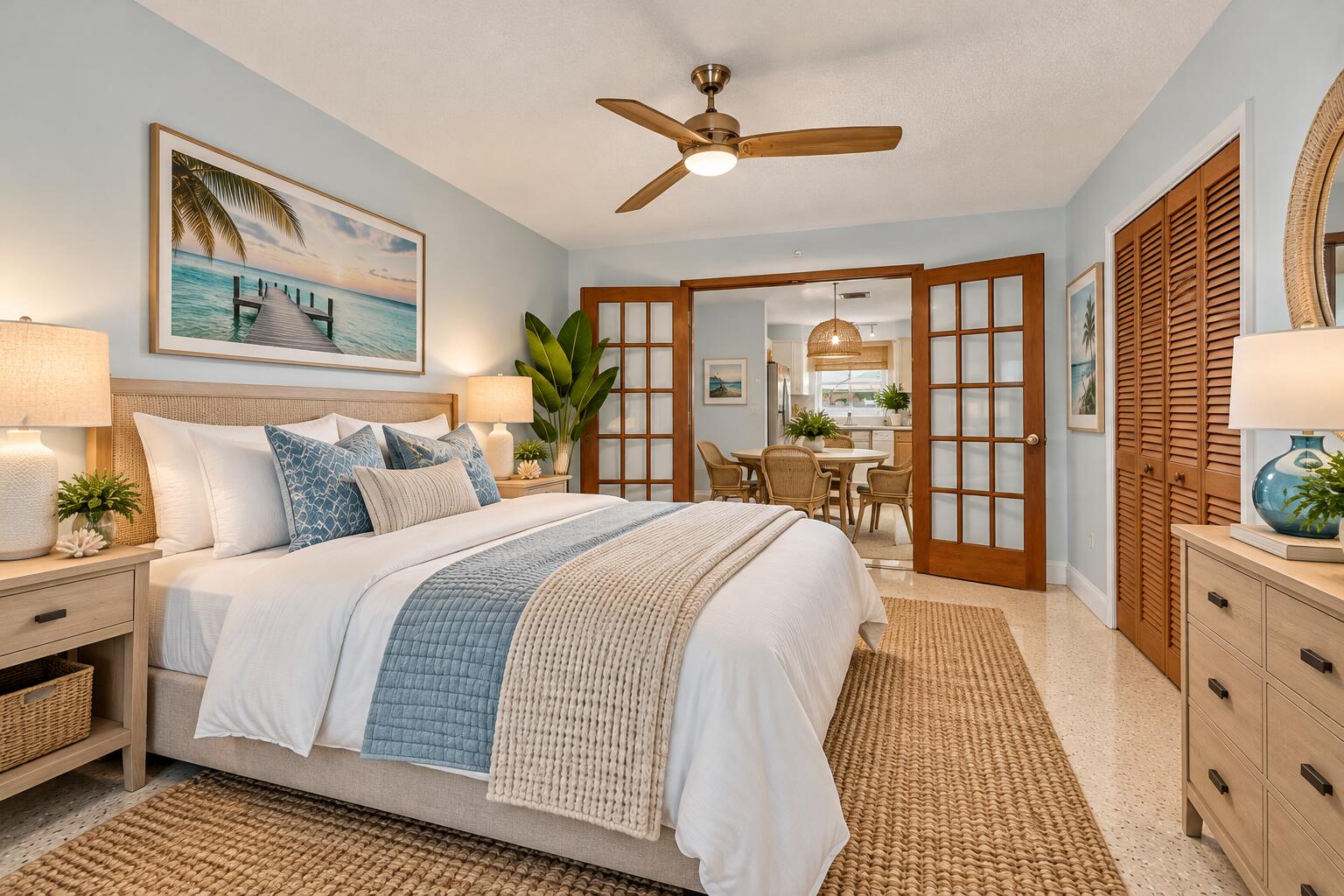 Bedroom with layered blue and cream bedding, wooden French doors, and louvered closet doors.