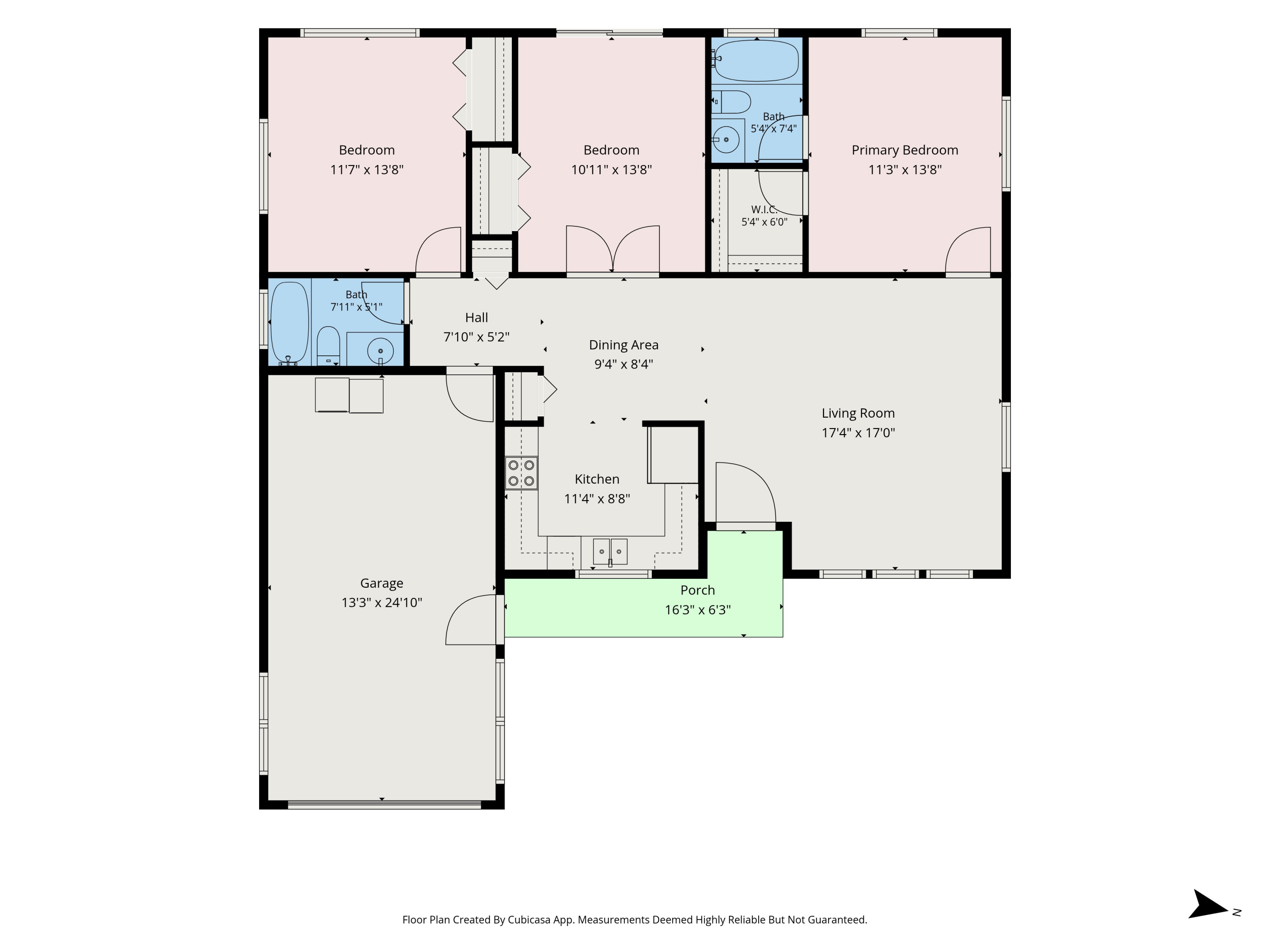 Floor plan showing three bedrooms, two bathrooms, a kitchen, living and dining areas, garage, and porch.