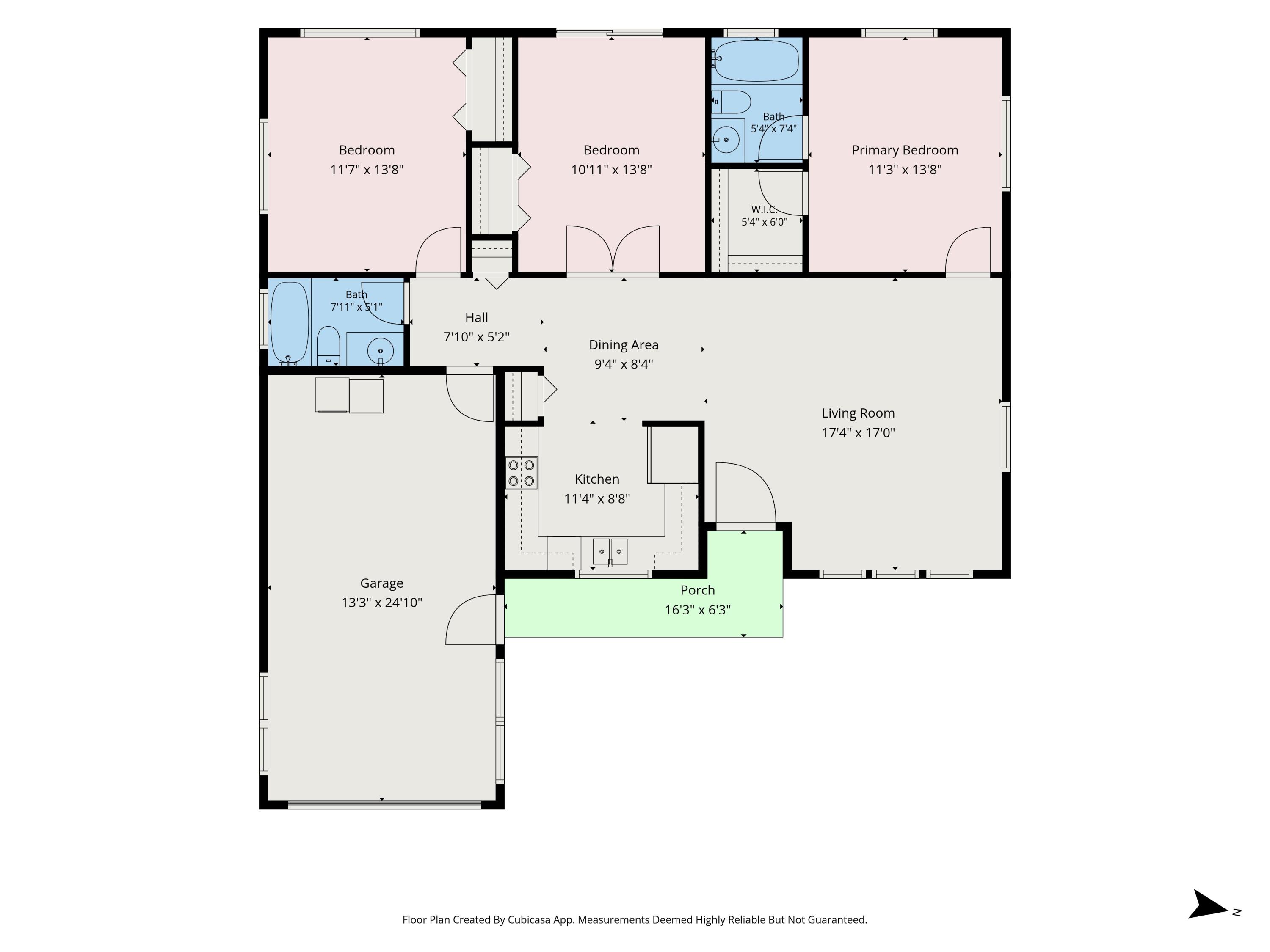 Floor plan showing three bedrooms, two bathrooms, living and dining areas, kitchen, garage, and porch.