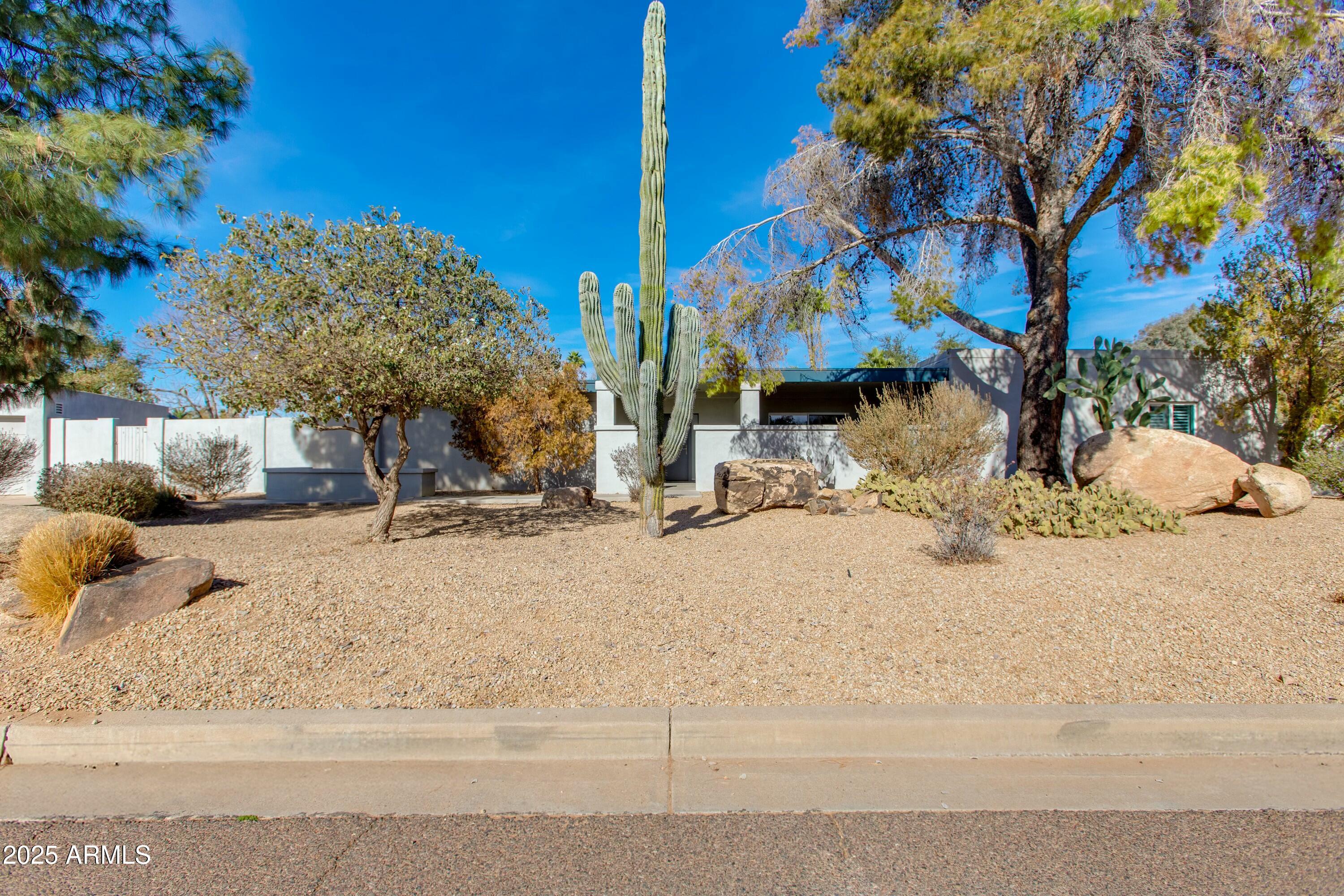 Modern home behind a gravel desert landscape with a tall saguaro cactus and large boulders.